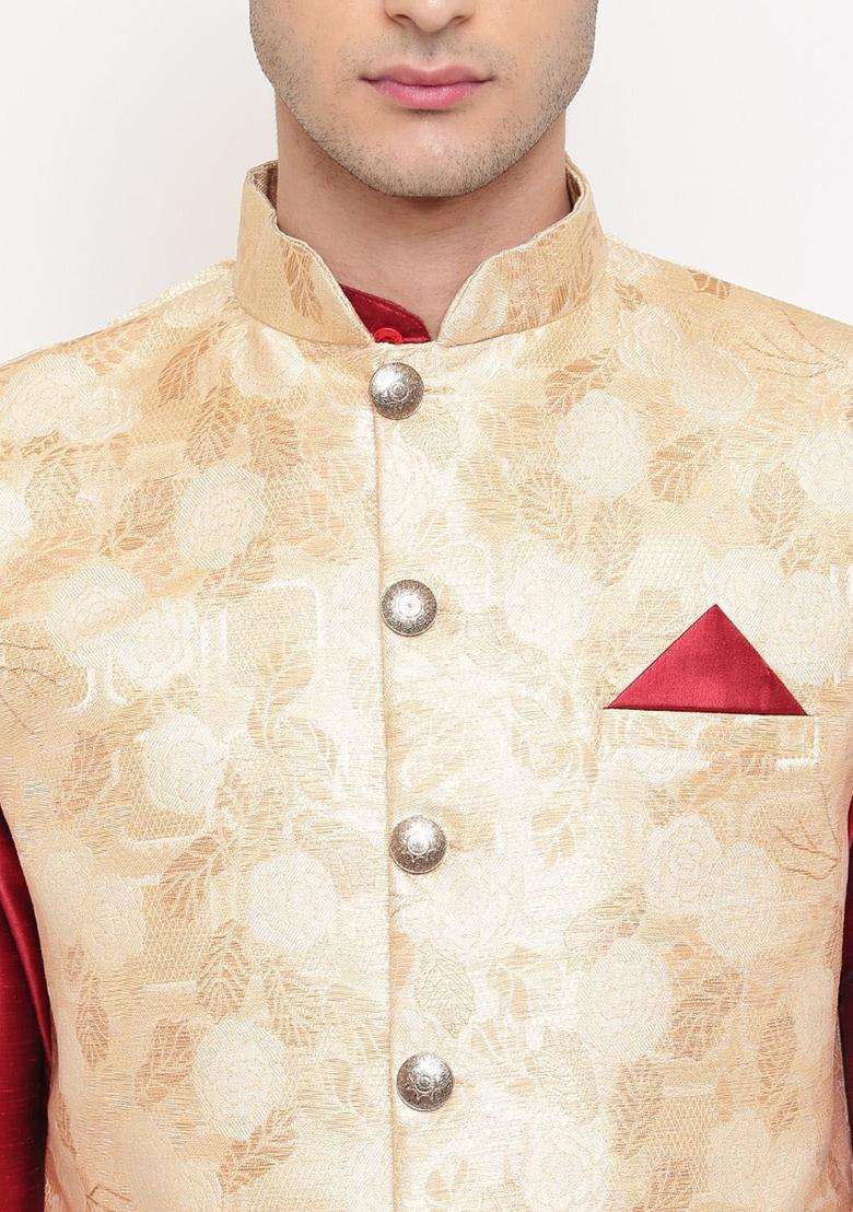 Red Solid Cotton Kurta Set For Men - Indya