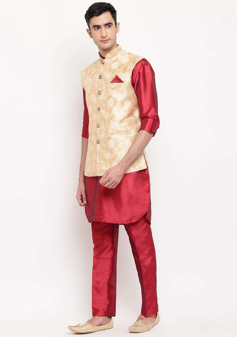 Red Solid Cotton Kurta Set For Men - Indya