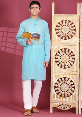 Blue Embroidered Cotton Kurta Set For Men