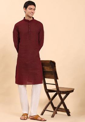 Maroon Embroidered Cotton Kurta Set For Men