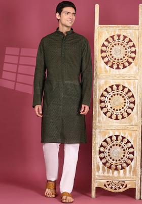 Green Embroidered Cotton Kurta Set For Men