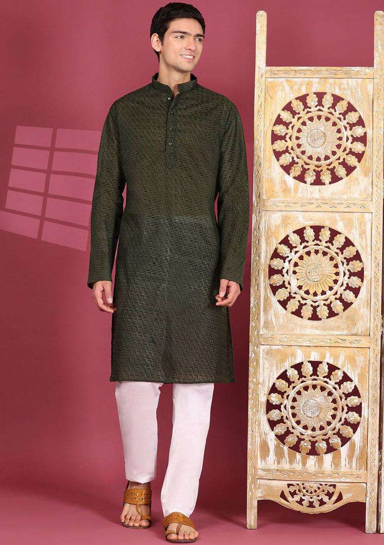 Green Embroidered Cotton Kurta Set For Men - Indya