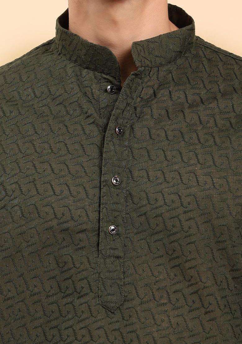 Green Embroidered Cotton Kurta Set For Men - Indya