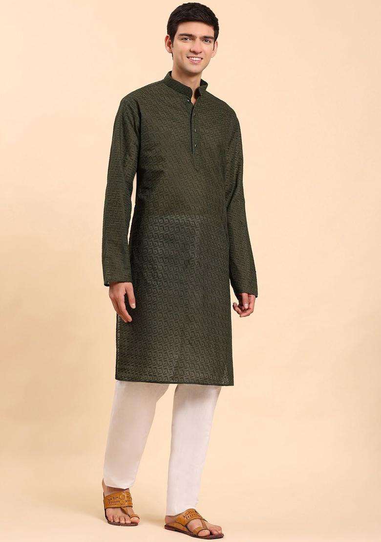 Green Embroidered Cotton Kurta Set For Men - Indya