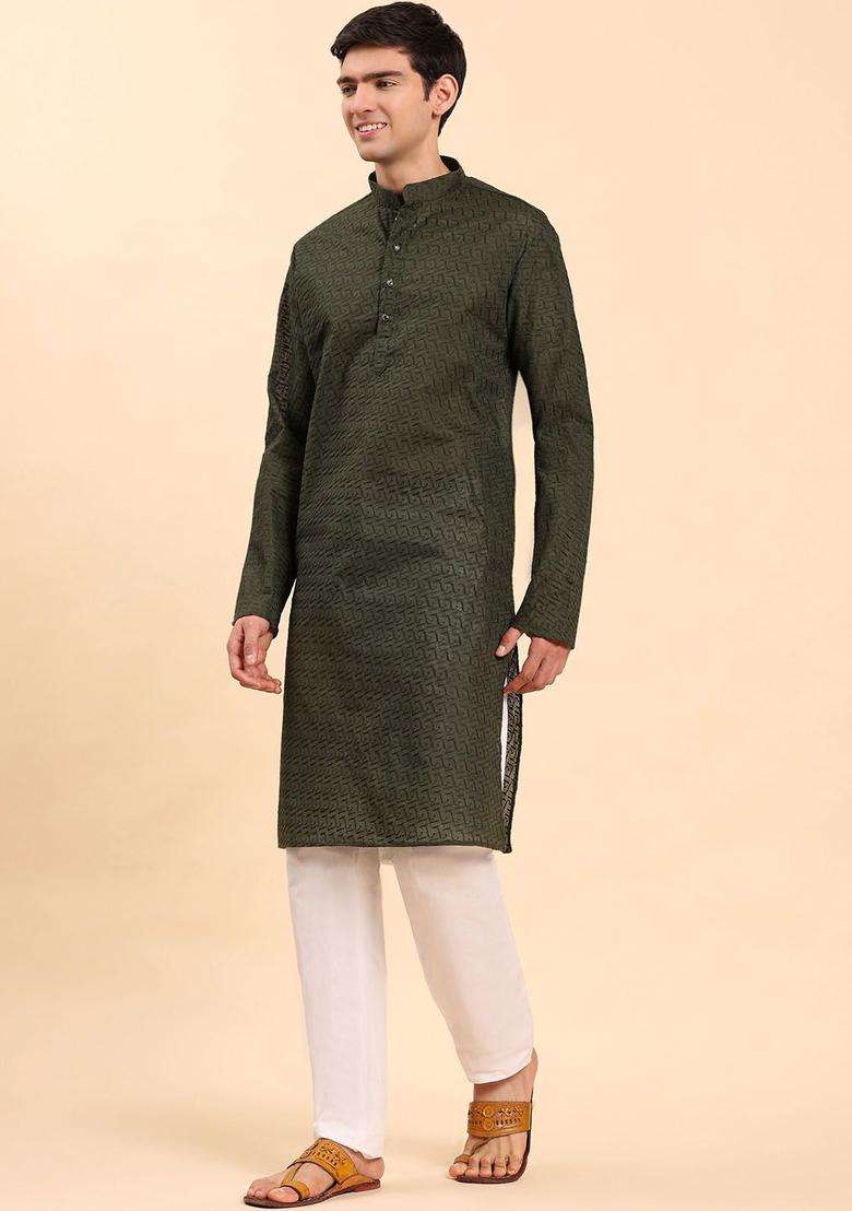 Green Embroidered Cotton Kurta Set For Men - Indya