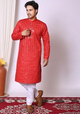 Red Embroidered Cotton Kurta Set For Men