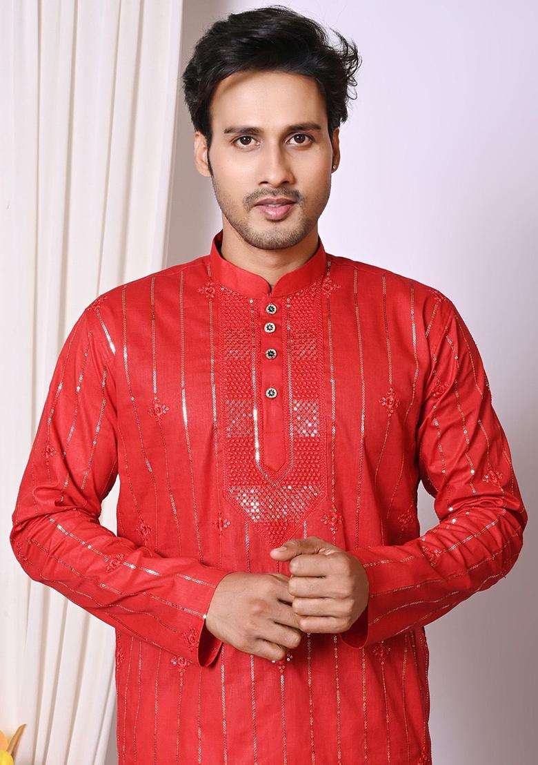 Red Embroidered Cotton Kurta Set For Men - Indya