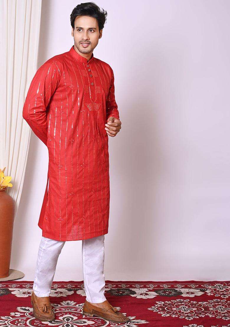 Red Embroidered Cotton Kurta Set For Men - Indya