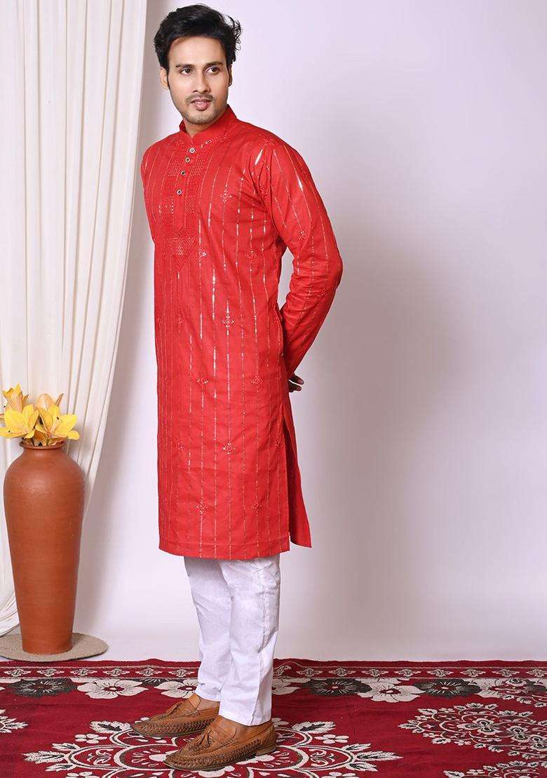 Red Embroidered Cotton Kurta Set For Men - Indya