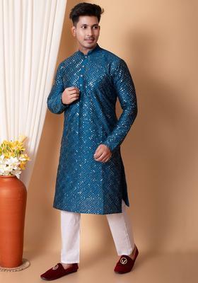 Blue Embroidered Silk Kurta Set For Men