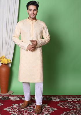 Beige Embroidered Cotton Kurta Set For Men