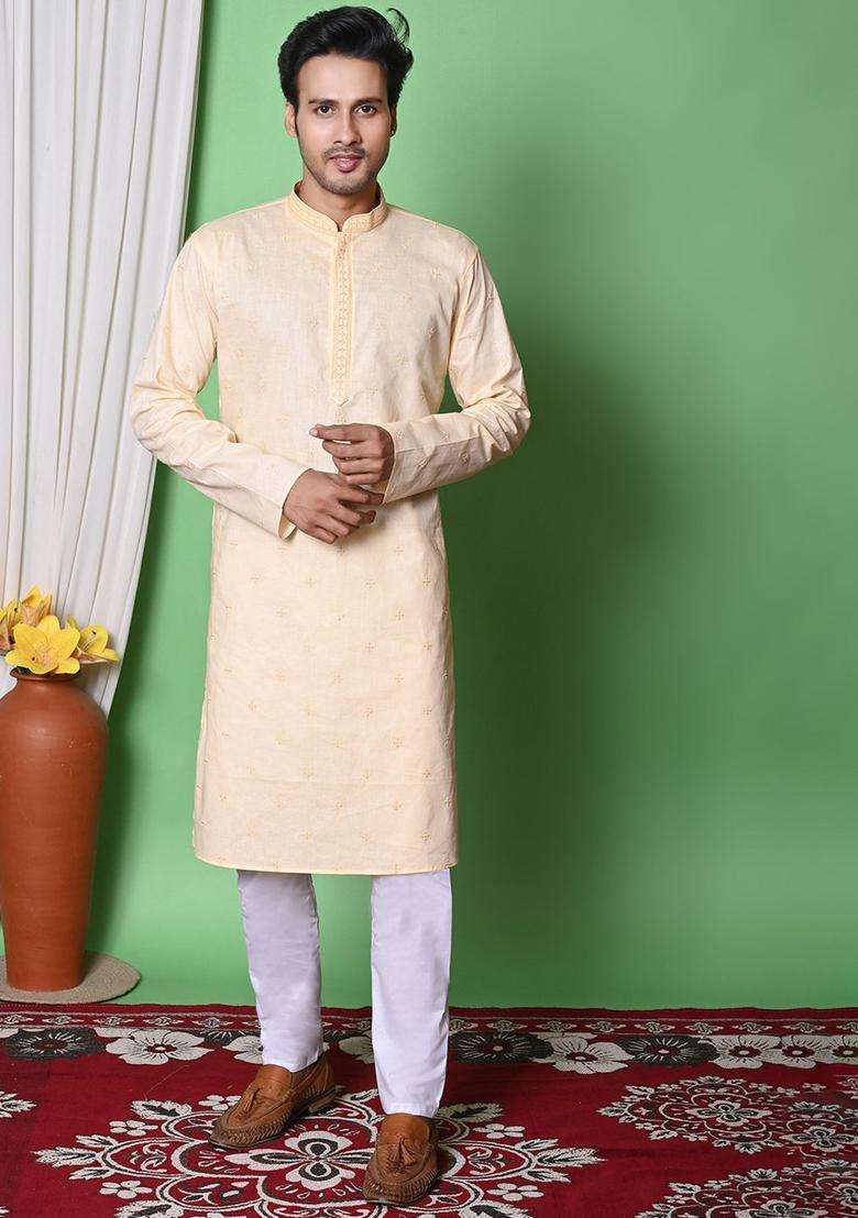 Beige Embroidered Cotton Kurta Set For Men - Indya
