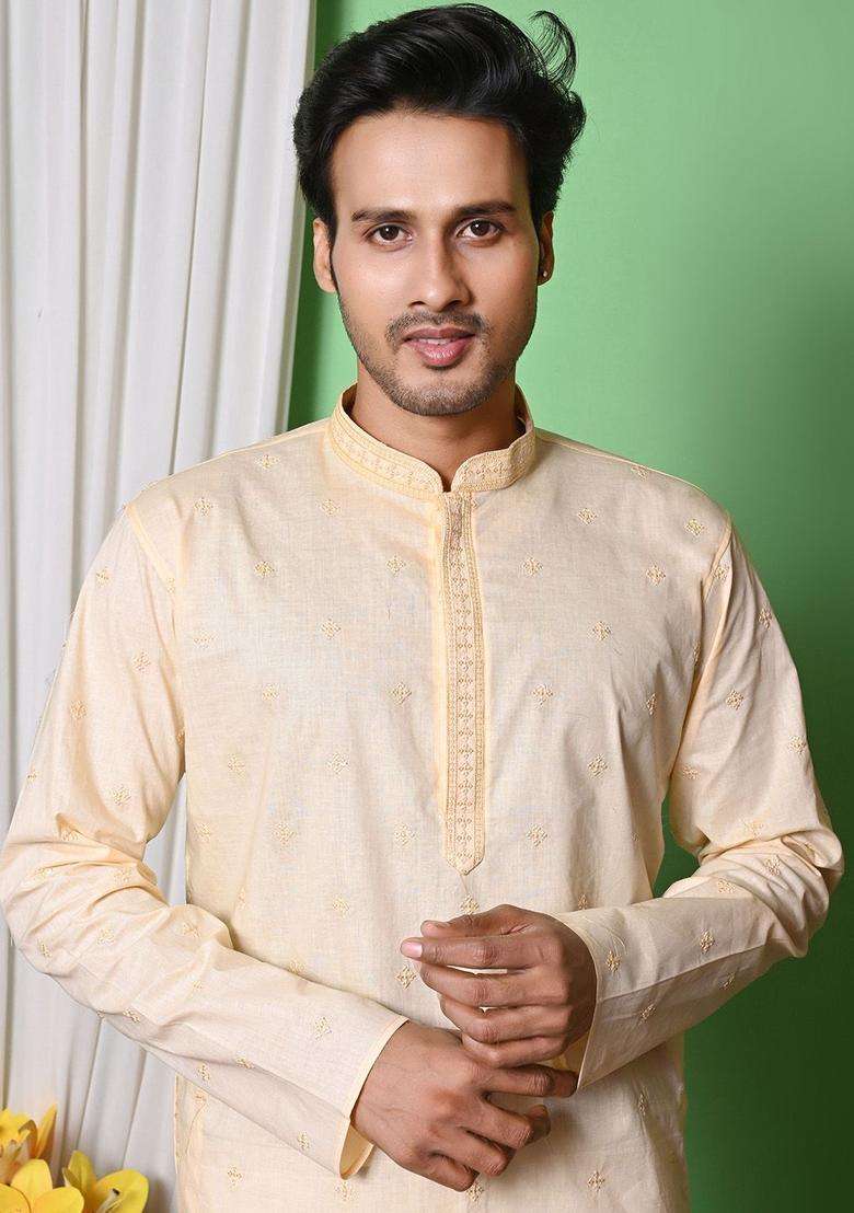 Beige Embroidered Cotton Kurta Set For Men - Indya