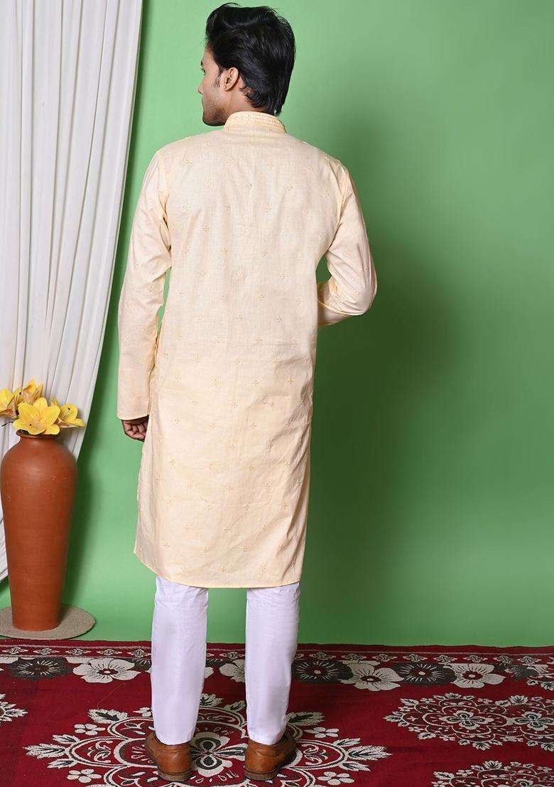 Beige Embroidered Cotton Kurta Set For Men - Indya
