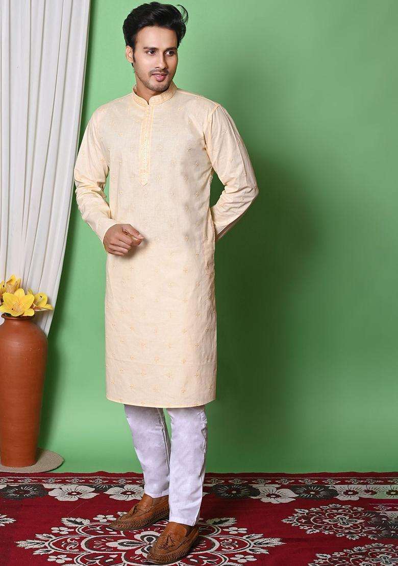 Beige Embroidered Cotton Kurta Set For Men - Indya