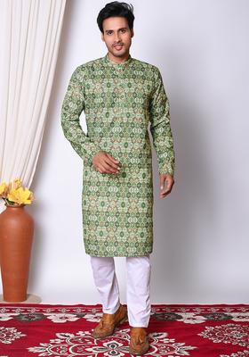 Green Embroidered Cotton Kurta Set For Men