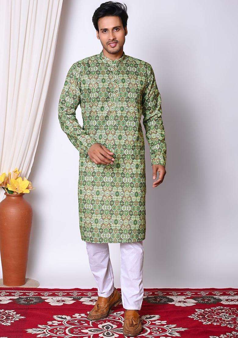 Green Embroidered Cotton Kurta Set For Men - Indya