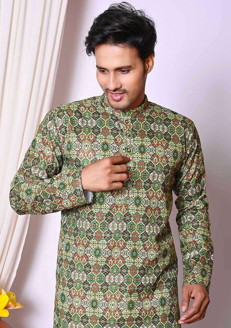 Green Embroidered Cotton Kurta Set For Men - Indya