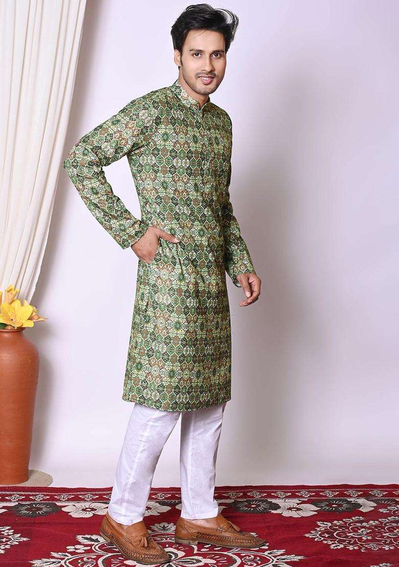Green Embroidered Cotton Kurta Set For Men - Indya