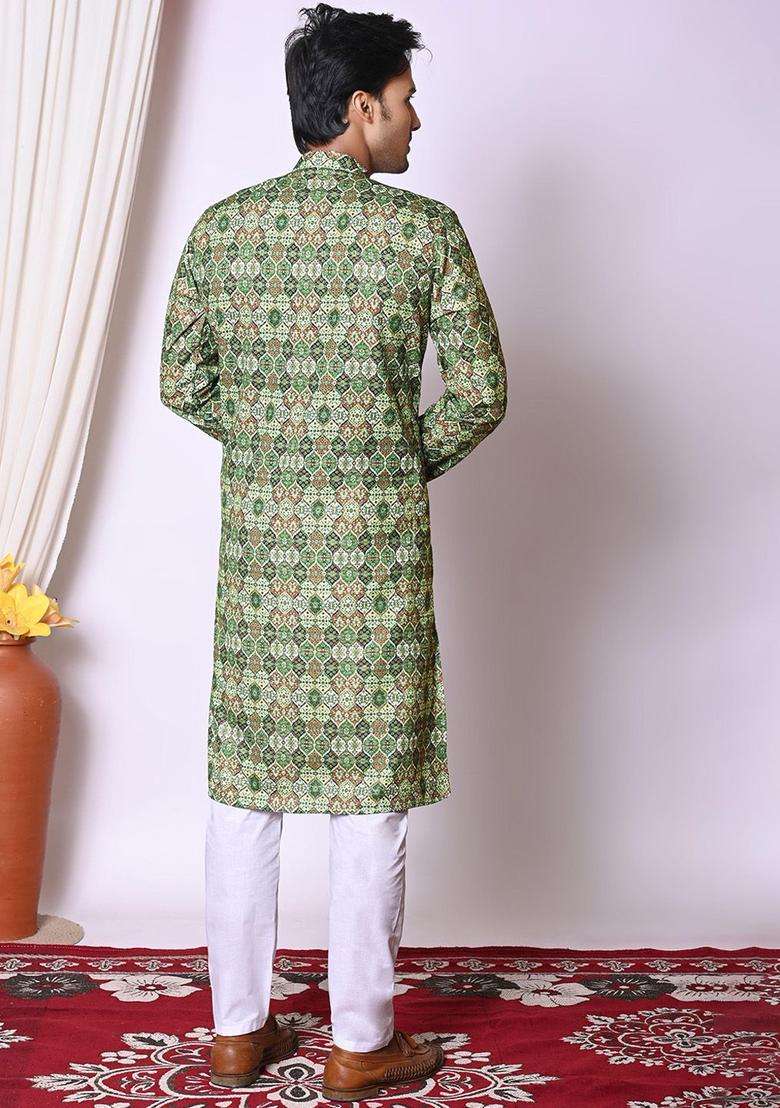 Green Embroidered Cotton Kurta Set For Men - Indya