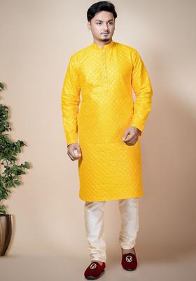 Yellow Embroidered Silk Kurta Set For Men