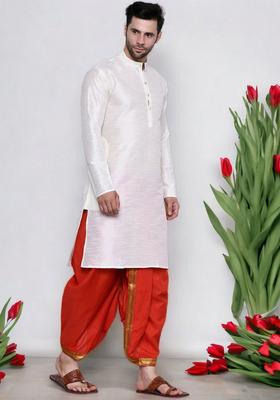 Red Solid Cotton Kurta Set For Men