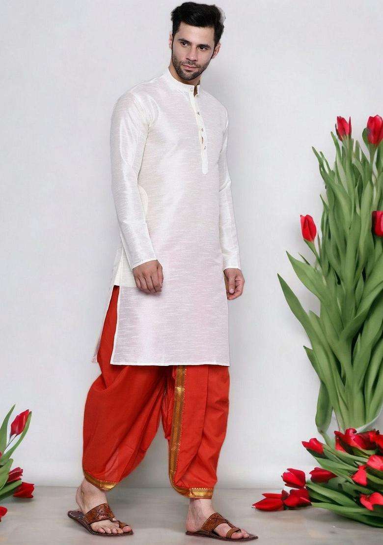 Red Solid Cotton Kurta Set For Men - Indya