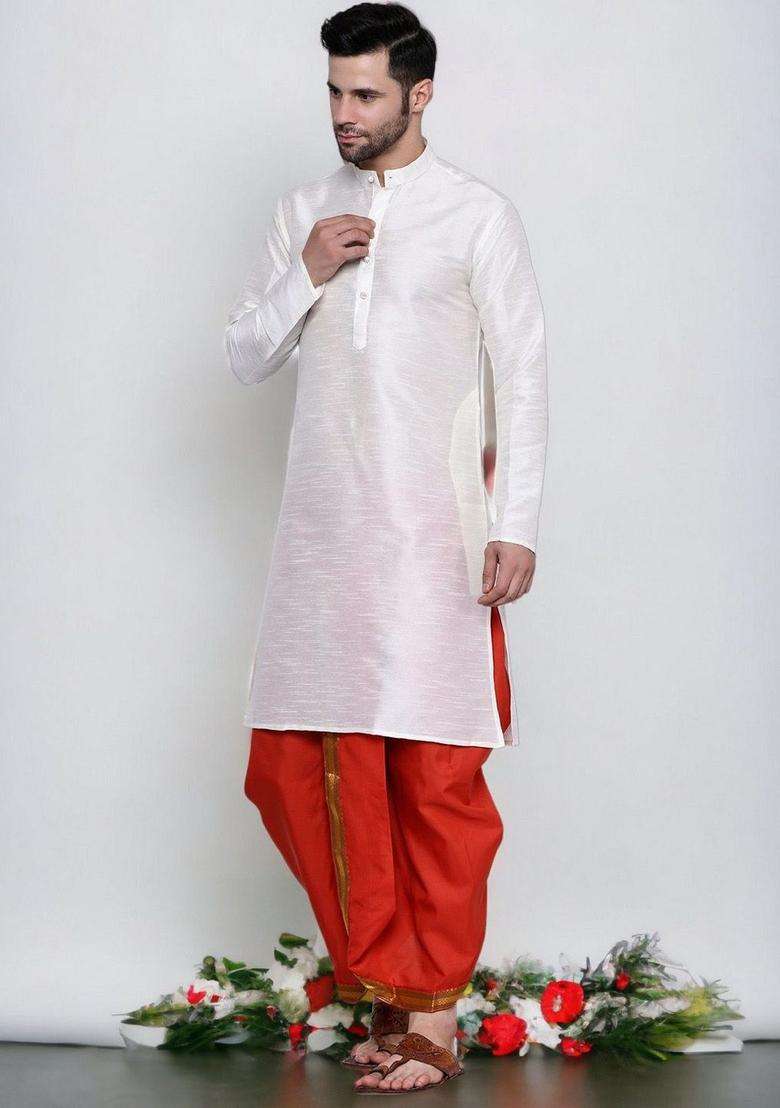 Red Solid Cotton Kurta Set For Men - Indya