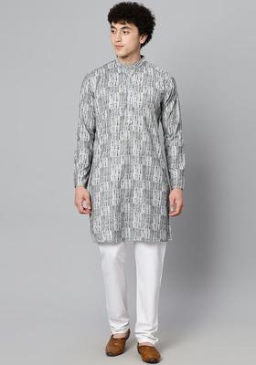 Grey Printed Cotton Kurta Set For Men