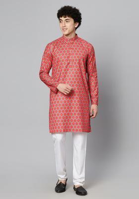 Red Printed Cotton Kurta Set For Men