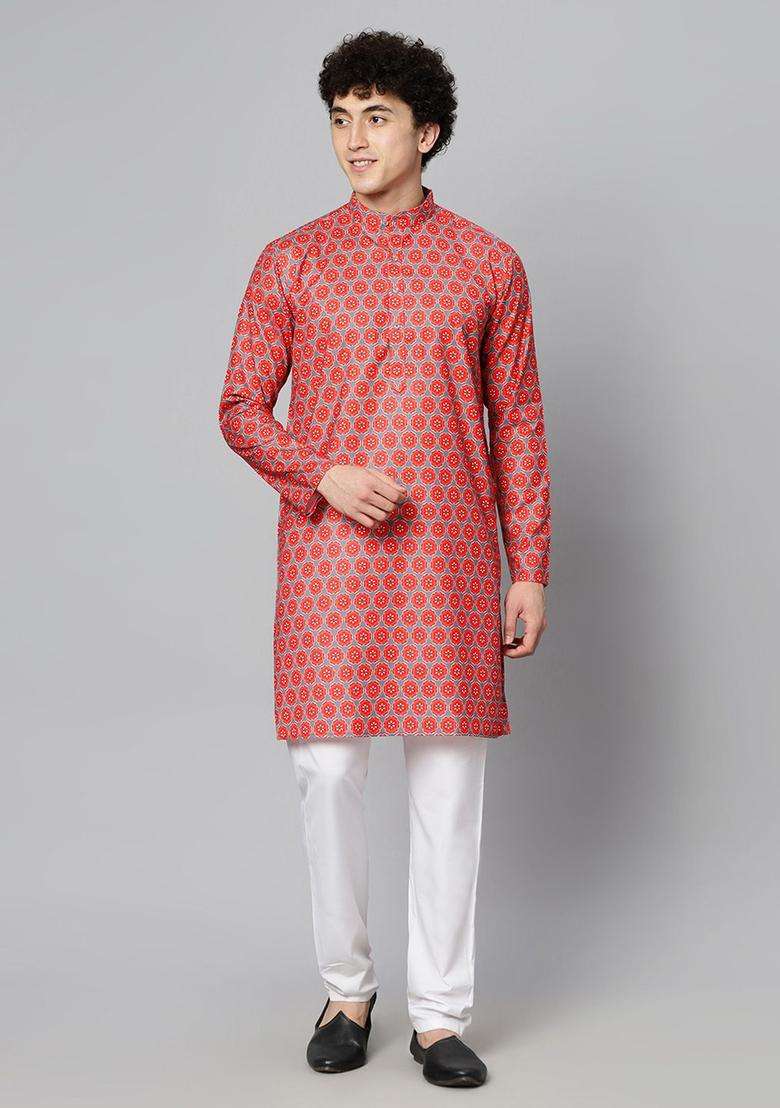 Red Printed Cotton Kurta Set For Men - Indya