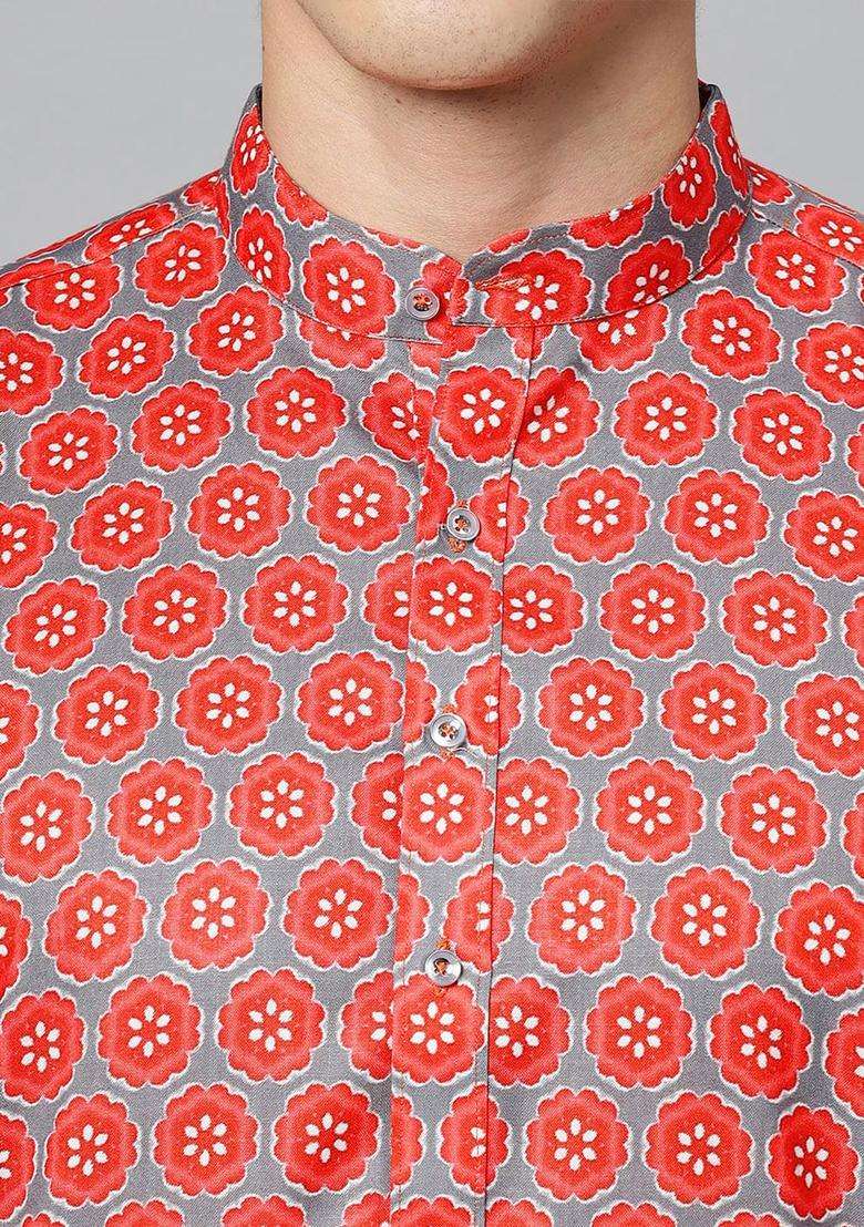 Red Printed Cotton Kurta Set For Men - Indya