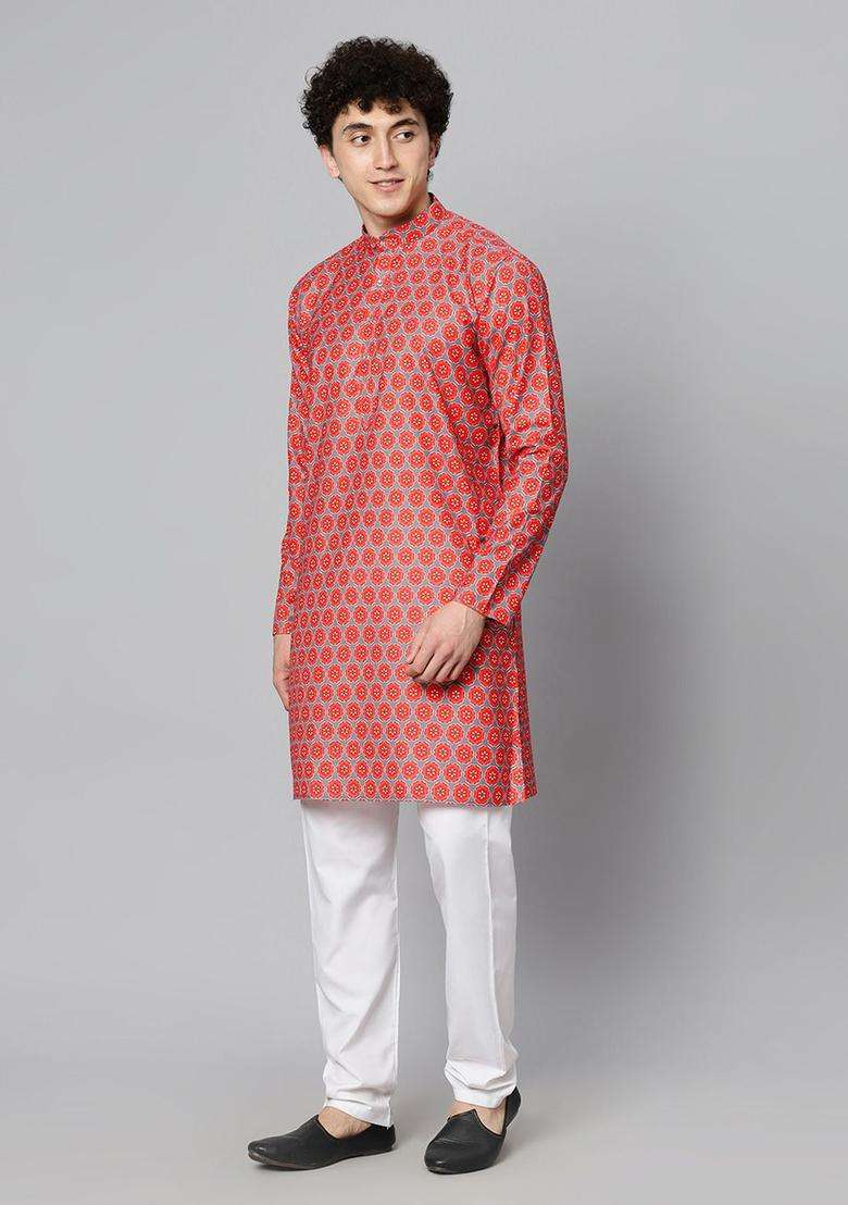 Red Printed Cotton Kurta Set For Men - Indya