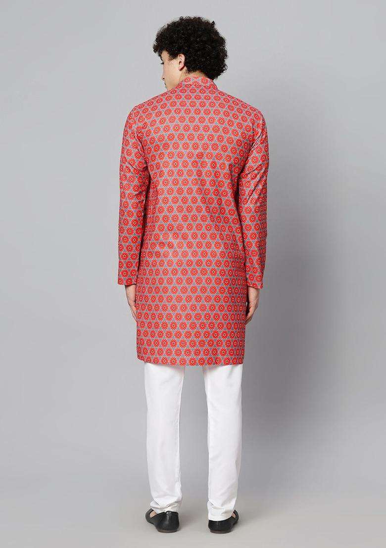 Red Printed Cotton Kurta Set For Men - Indya