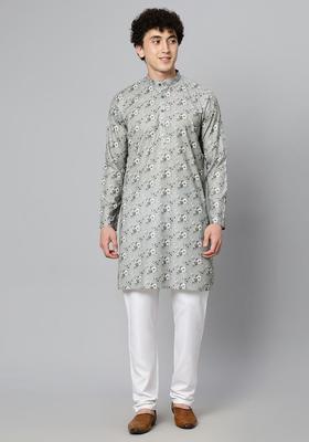 Grey Printed Cotton Kurta Set For Men