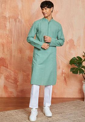 Green Striped Cotton Kurta Set For Men