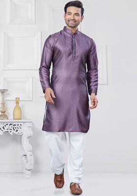 Purple Woven Design Silk Kurta Set For Men