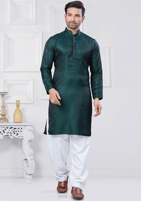 Green Woven Design Silk Kurta Set For Men