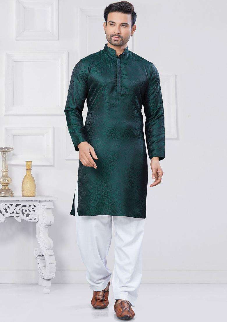 Green Woven Design Silk Kurta Set For Men - Indya