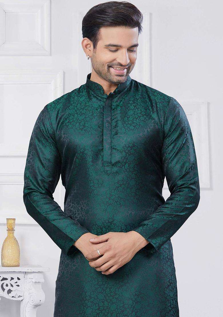Green Woven Design Silk Kurta Set For Men - Indya