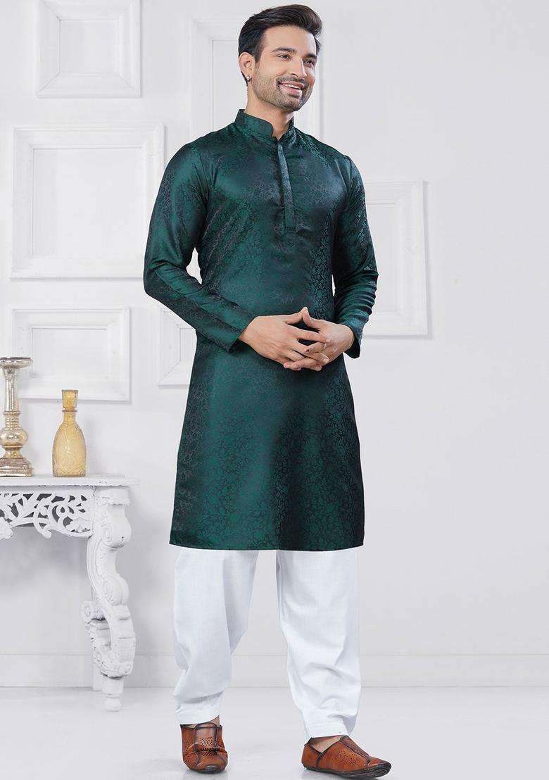 Green Woven Design Silk Kurta Set For Men - Indya