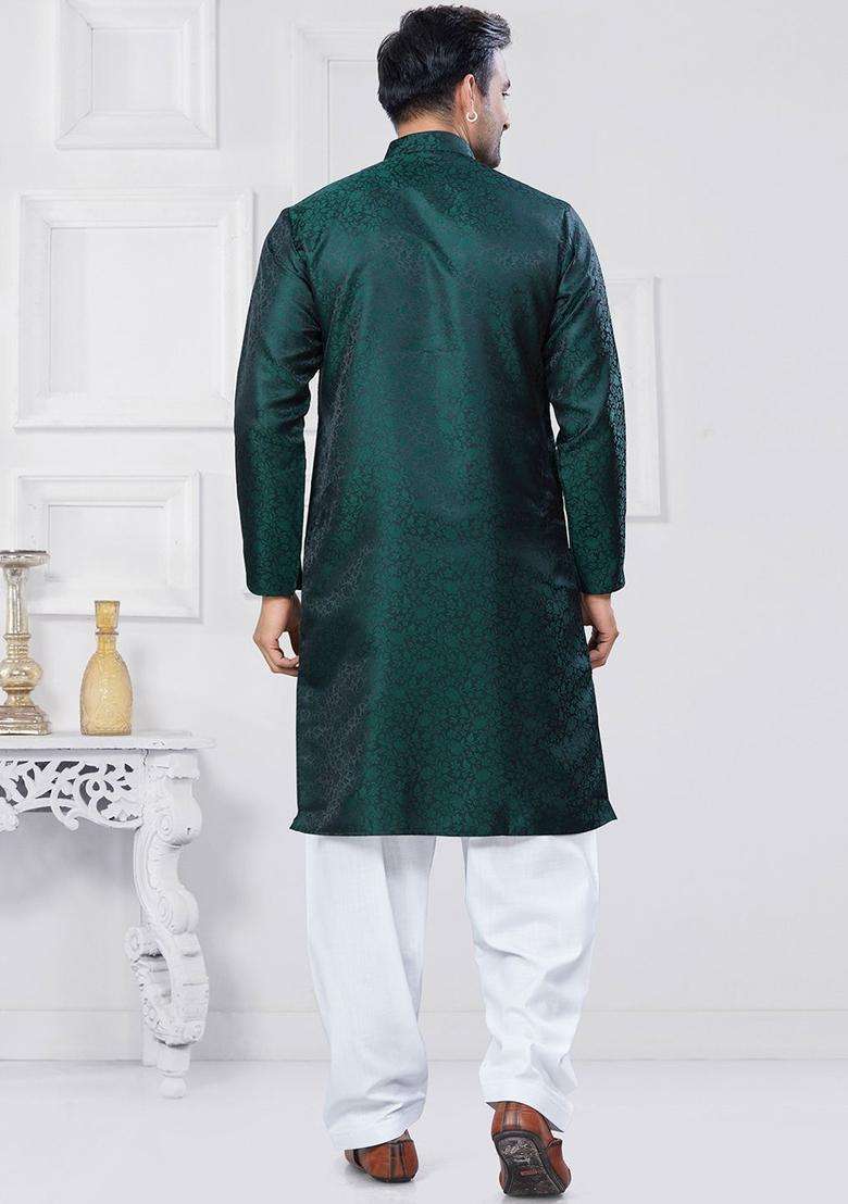Green Woven Design Silk Kurta Set For Men - Indya