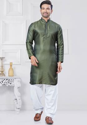 Green Woven Design Silk Kurta Set For Men