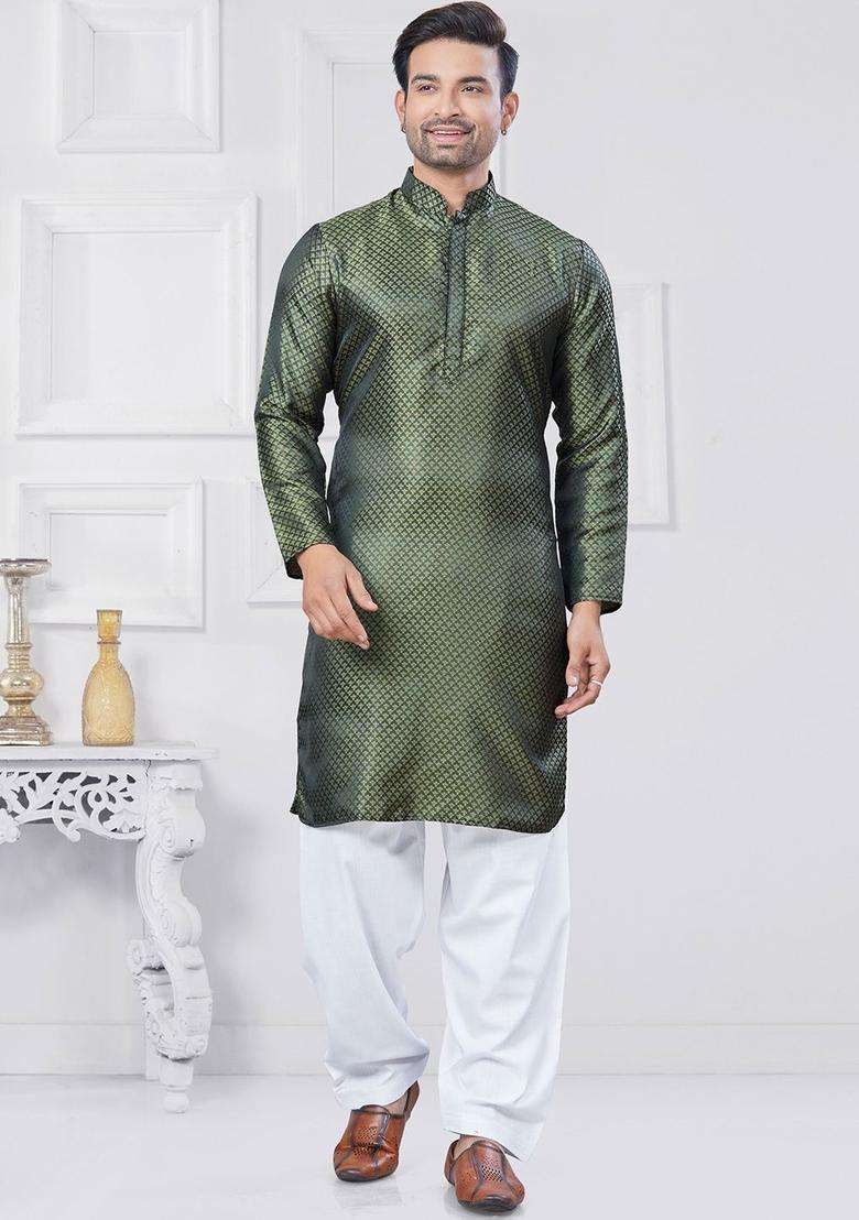 Green Woven Design Silk Kurta Set For Men - Indya