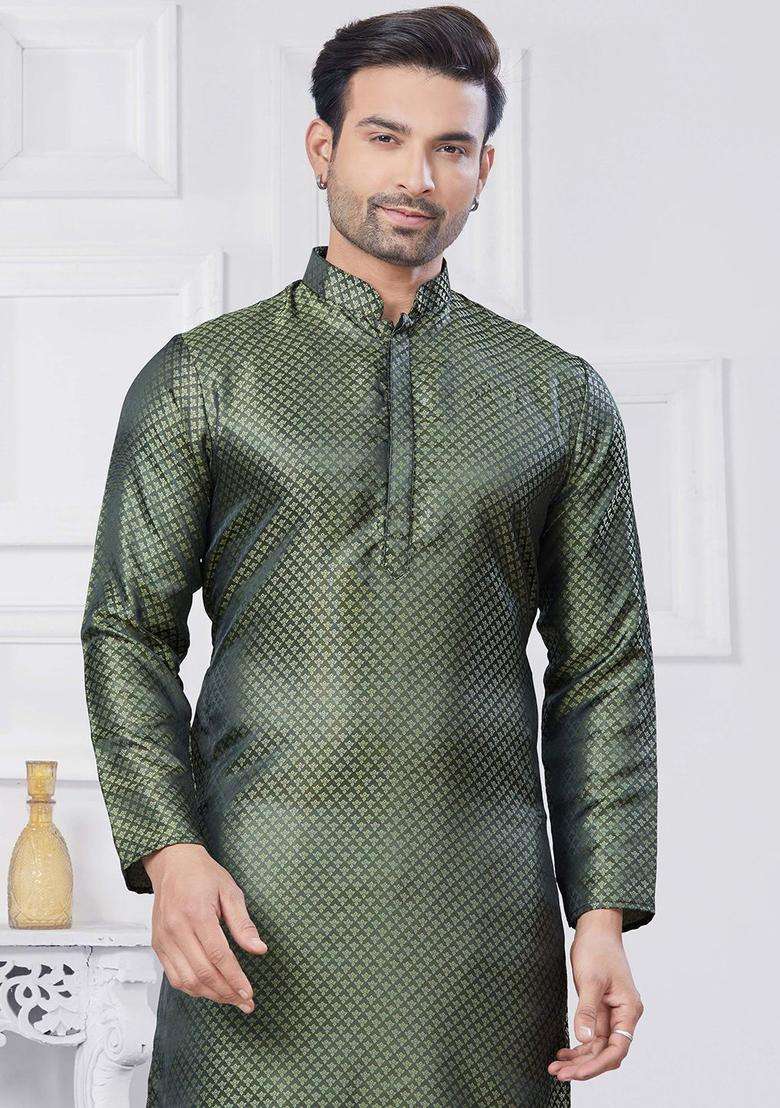 Green Woven Design Silk Kurta Set For Men - Indya