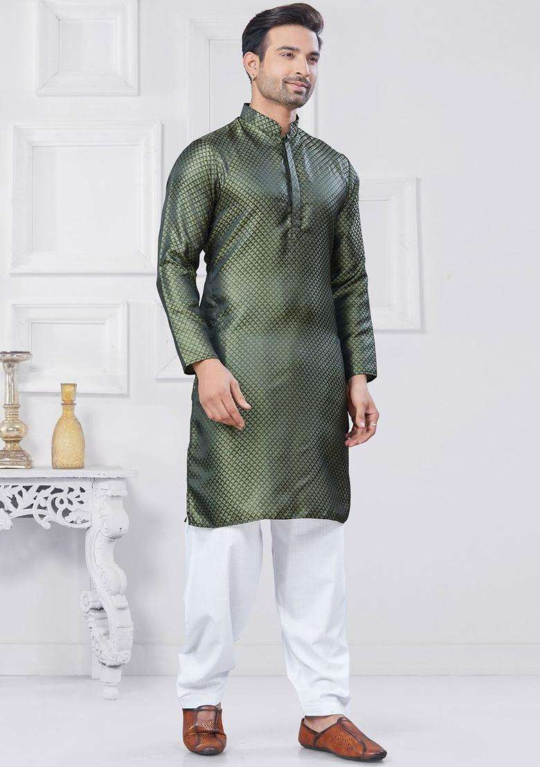 Green Woven Design Silk Kurta Set For Men - Indya