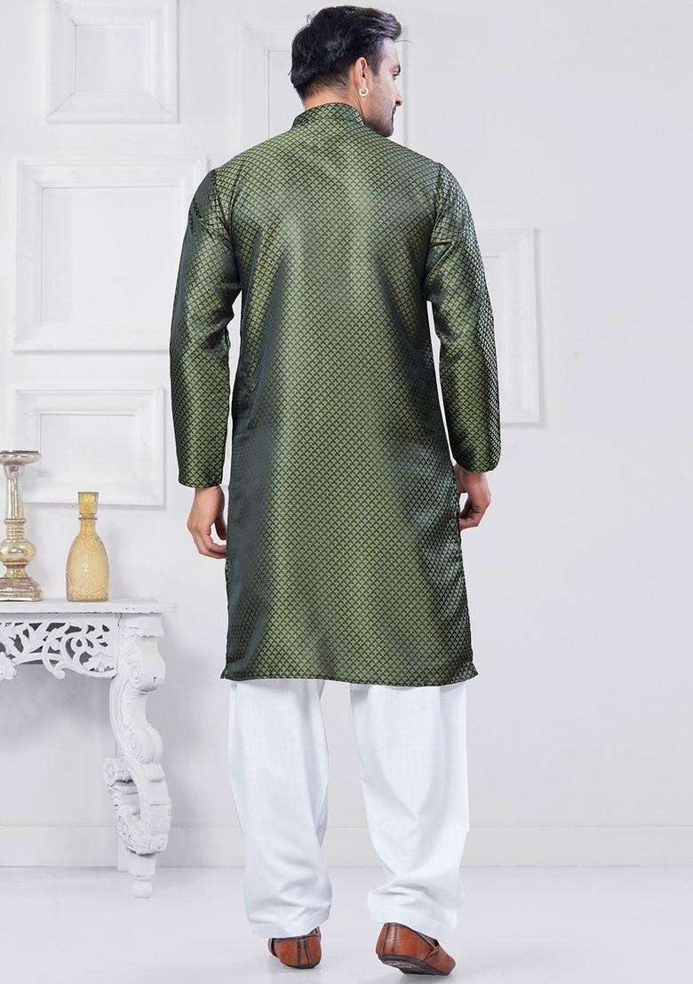 Green Woven Design Silk Kurta Set For Men - Indya