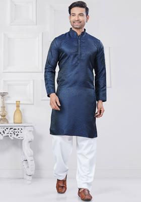 Navy Blue Woven Design Silk Kurta Set For Men