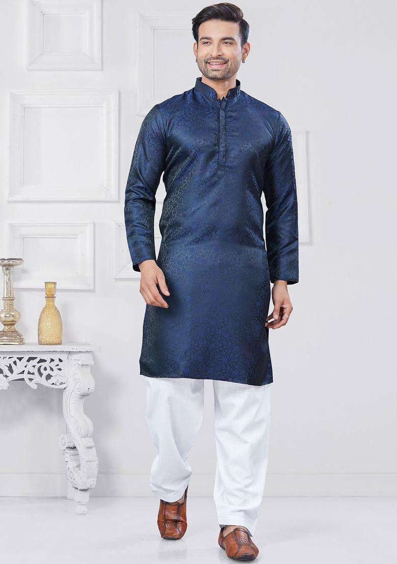 Navy Blue Woven Design Silk Kurta Set For Men - Indya