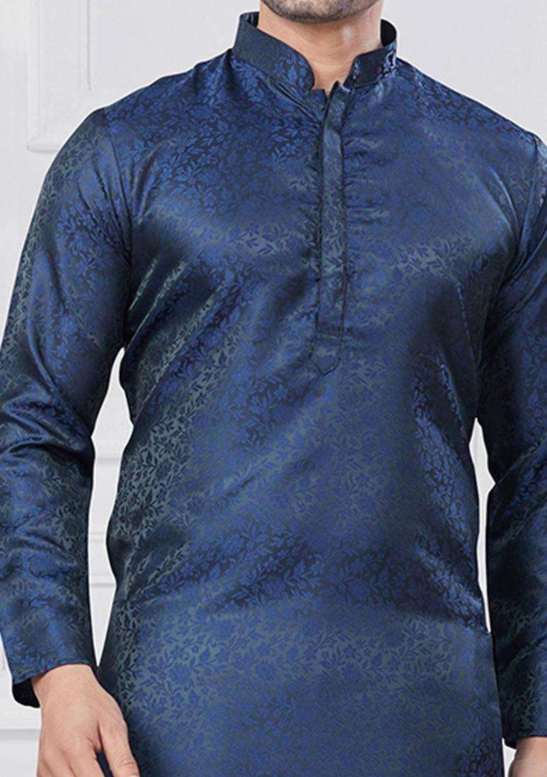 Navy Blue Woven Design Silk Kurta Set For Men - Indya